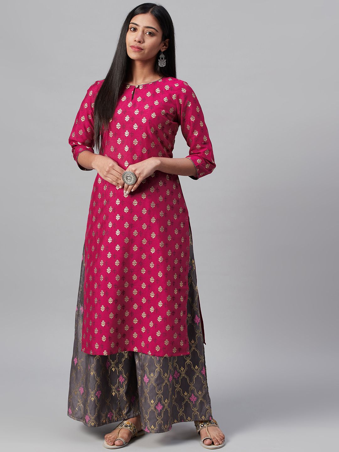 ZIYAA Women Pink & Charcoal Grey Foil Print Kurta with Palazzos