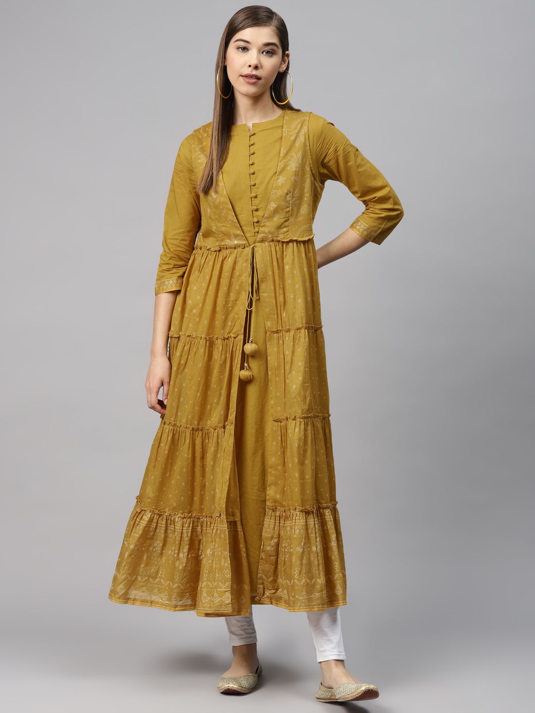 Biba Women Mustard Brown & Golden Printed Layered Anarkali Kurta Price in India