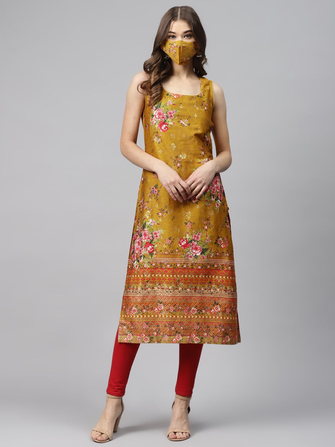 Biba Women Mustard Yellow & Pink Printed Straight Kurta