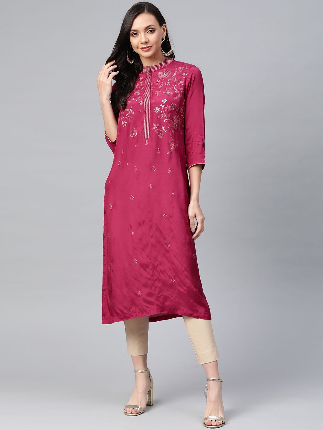 Biba Women Magenta & Golden Floral Printed Straight Kurta