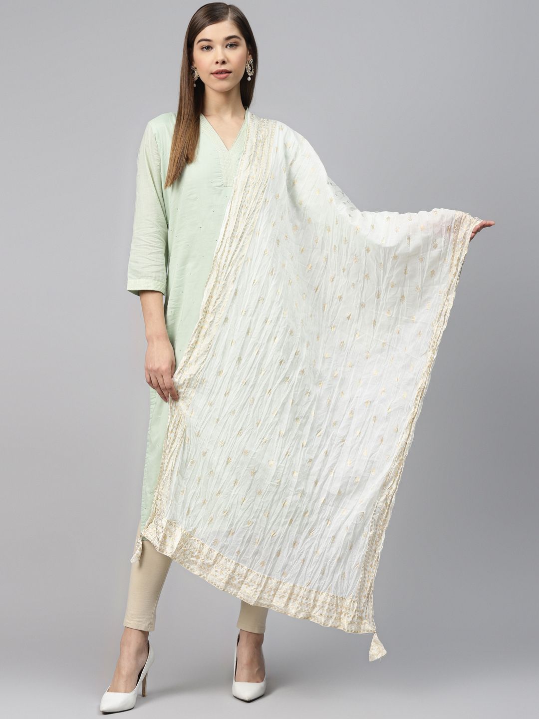 Biba Off-White & Golden Printed Crinkled Cotton Dupatta Price in India