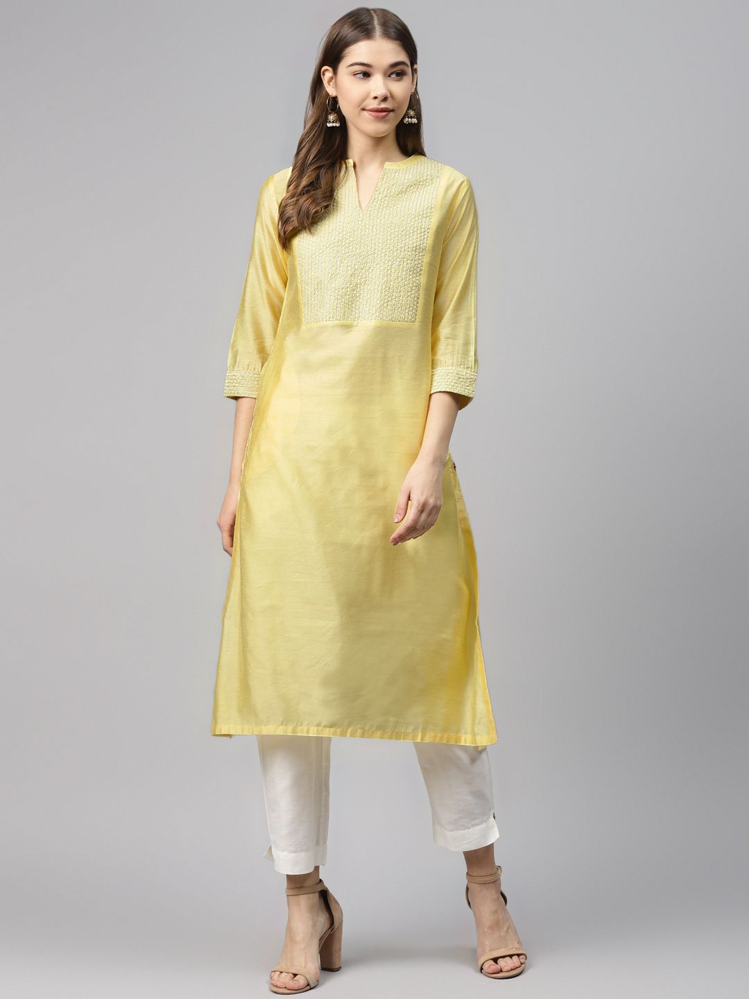 Biba Women Yellow Yoke Design Straight Kurta