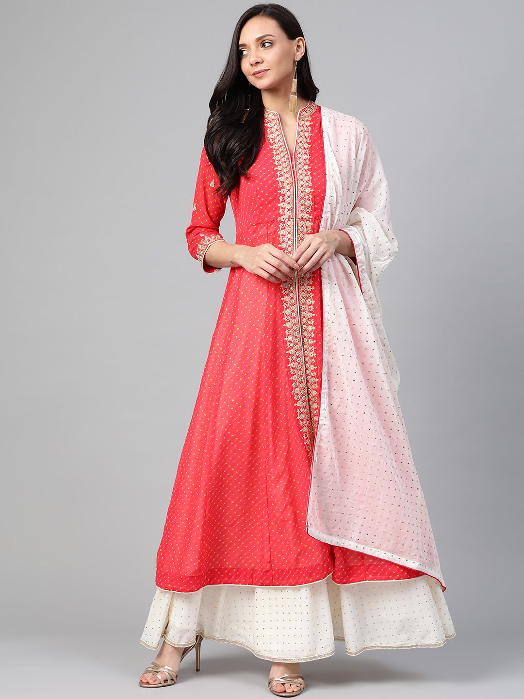 Biba Women Coral Pink & Off-White Printed Kurta with Skirt & Dupatta