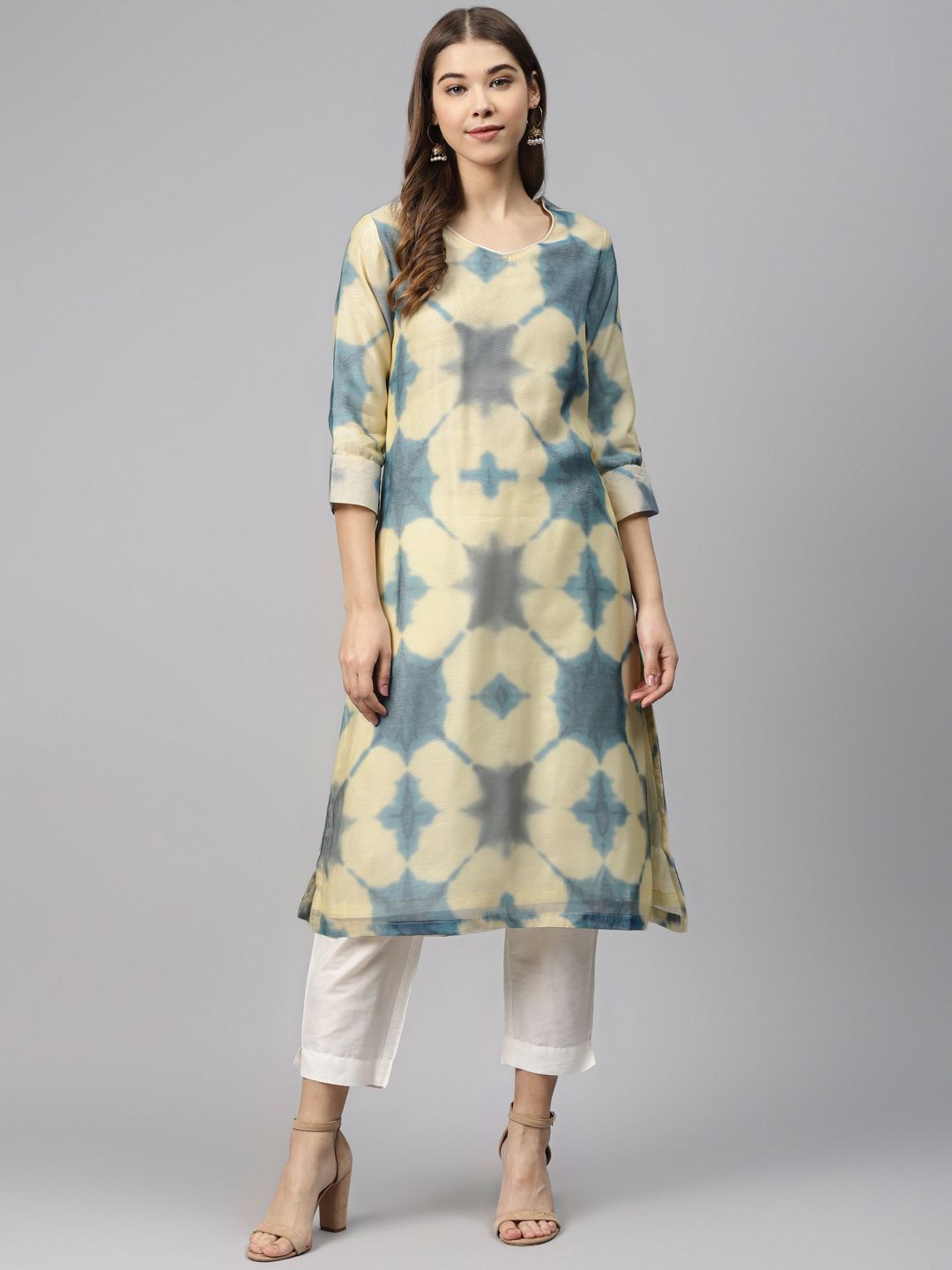 Biba Women Cream-Coloured & Blue Dyed A-Line Kurta