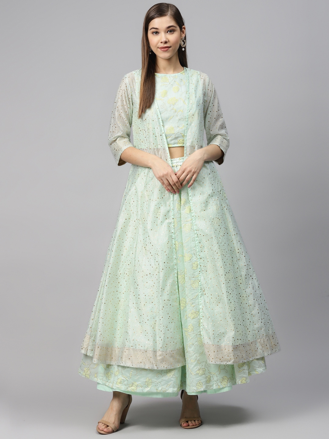 Biba Women Sea Green & Yellow Printed Crop Top with Skirt & Longline Ethnic Jacket Price in India