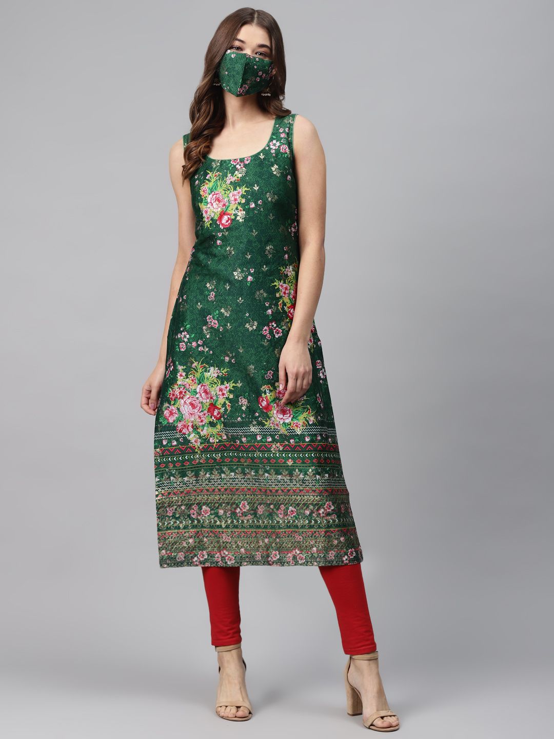 Biba Women Green & Pink Floral Print Straight Kurta