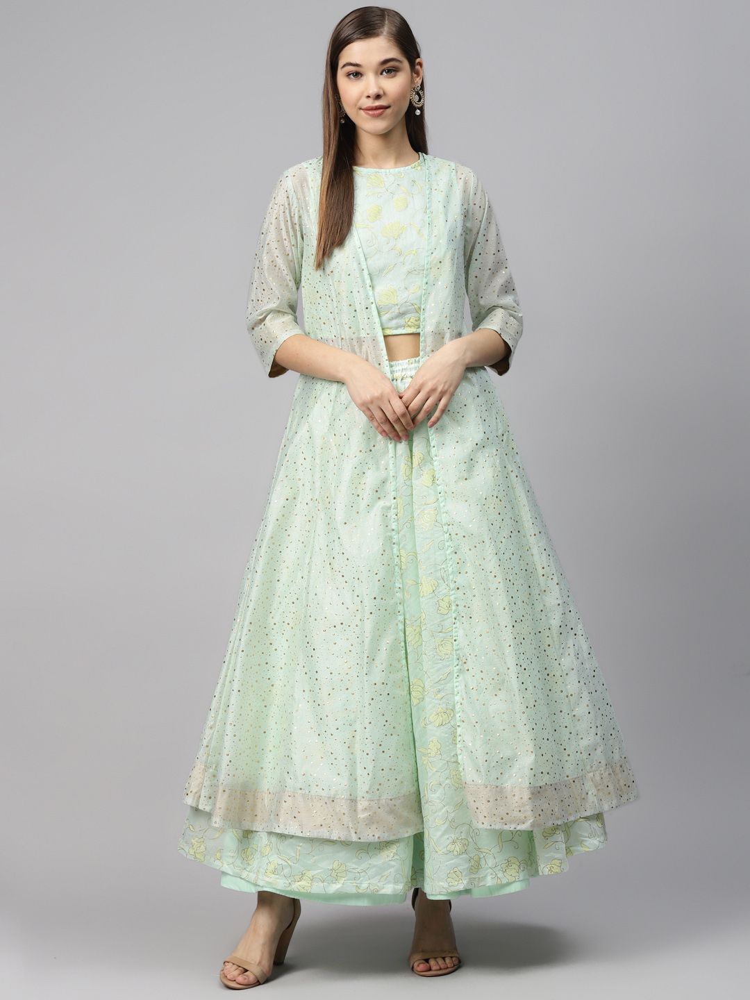 Biba Women Sea Green & Yellow Ethnic Print Crop Top with Skirt & Longline Ethnic Jacket Price in India