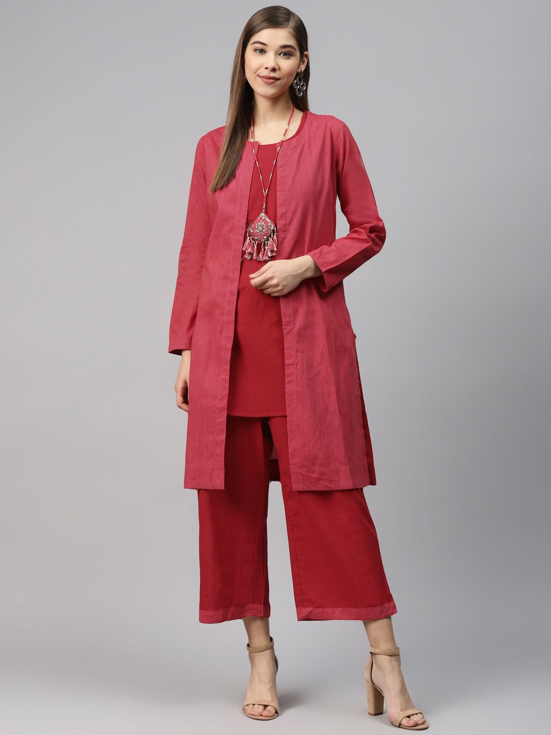 Biba Women Red Solid Kurta with Palazzos With Ethnic Jacket