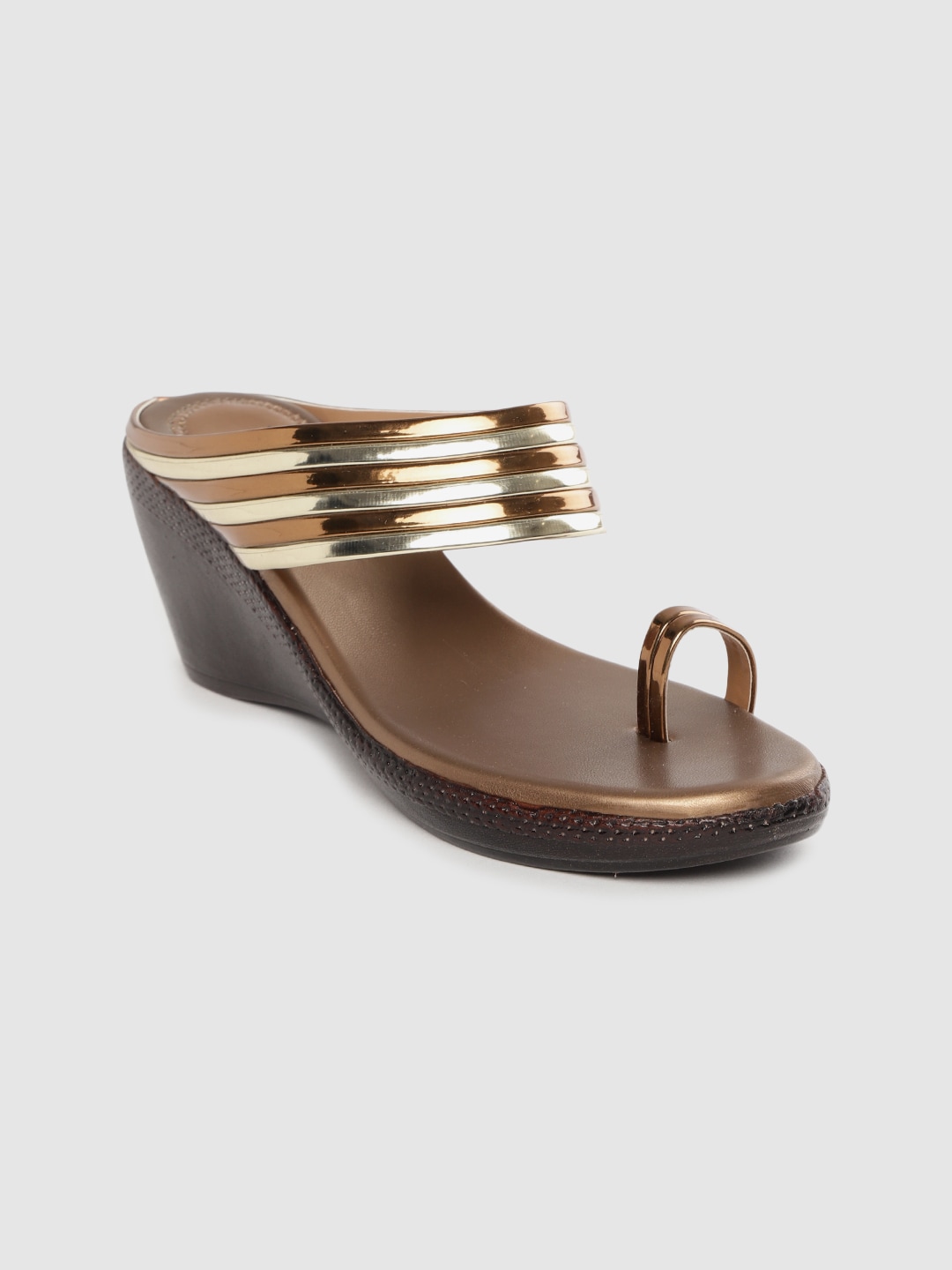 TRASE Women Bronze Toned & Gold-Toned Striped One Toe Heels Price in India