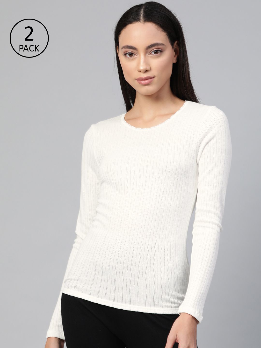 Marks & Spencer Pack of 2 Women White Self Design Thermal Top Price in India