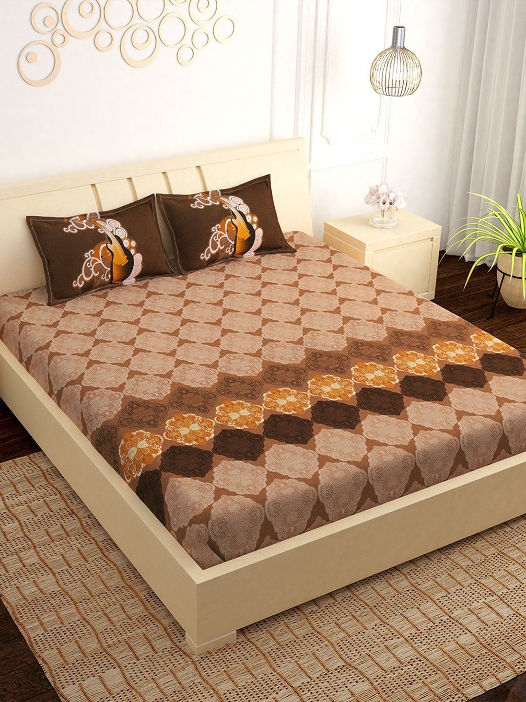 PAVO Beige & Brown Floral 300 TC Cotton 1 King Bedsheet with 2 Pillow Covers Price in India