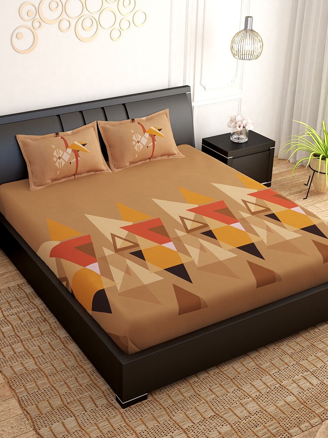 PAVO Beige & Yellow Geometric 300 TC Cotton 1 King Bedsheet with 2 Pillow Covers Price in India