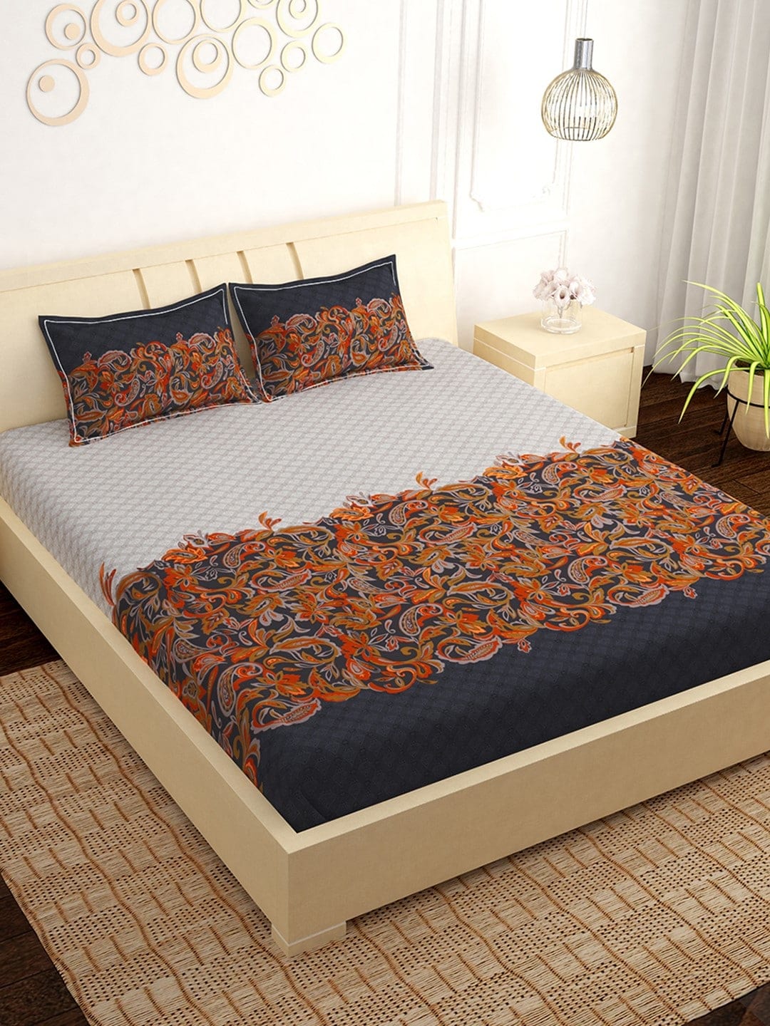 PAVO Grey & Black Ethnic Motifs 300 TC Cotton 1 King Bedsheet with 2 Pillow Covers Price in India