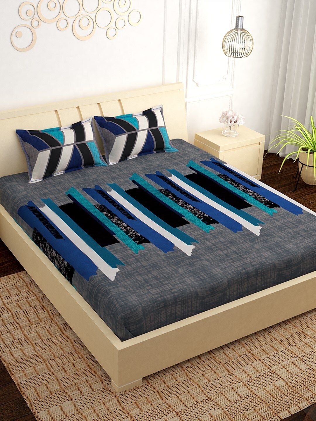 PAVO Grey & Blue Geometric 300 TC Cotton 1 King Bedsheet with 2 Pillow Covers Price in India