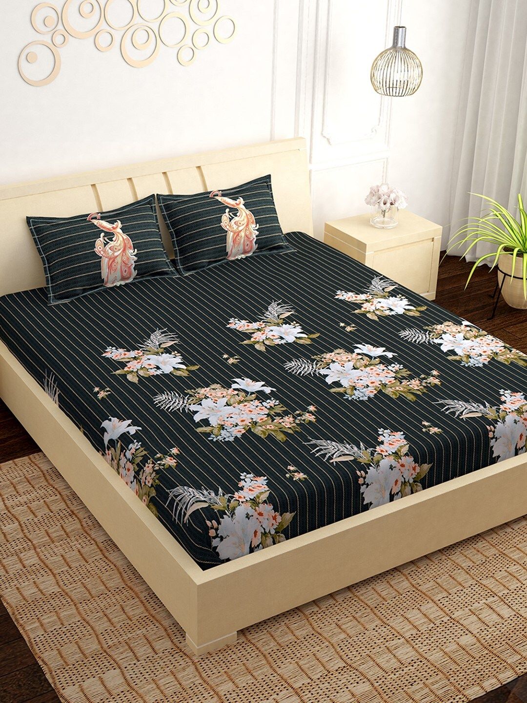 PAVO Black & Blue Floral 300 TC Cotton 1 King Bedsheet with 2 Pillow Covers Price in India