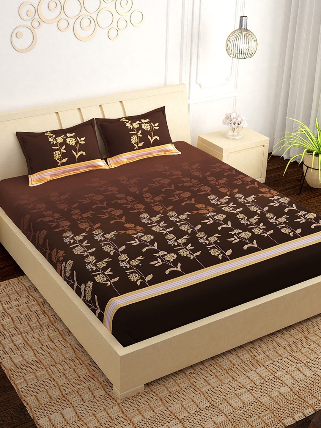 PAVO Brown & Beige Floral 300 TC Cotton 1 King Bedsheet with 2 Pillow Covers Price in India