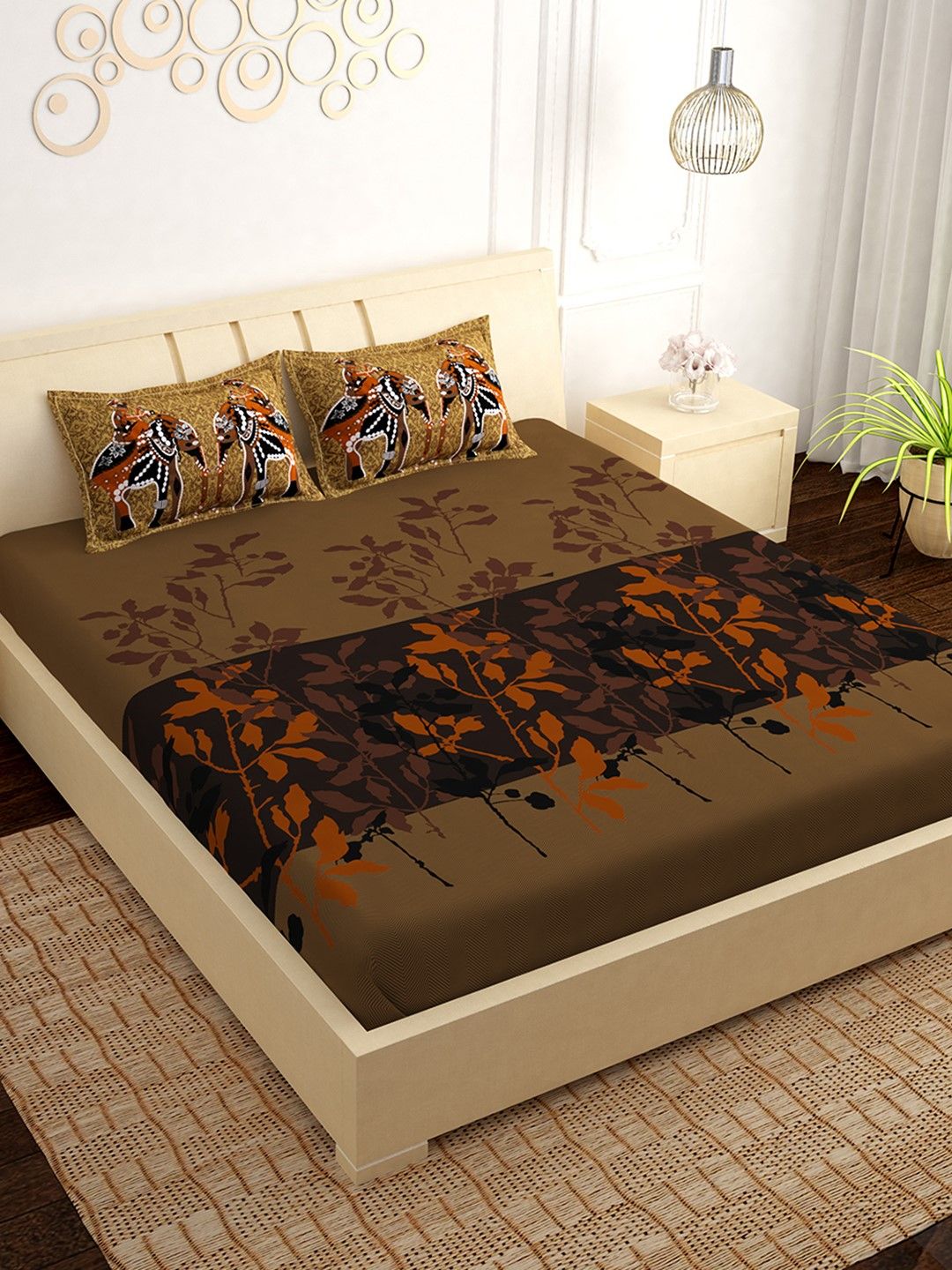 PAVO Brown & Black Floral 300 TC Cotton 1 King Bedsheet with 2 Pillow Covers Price in India