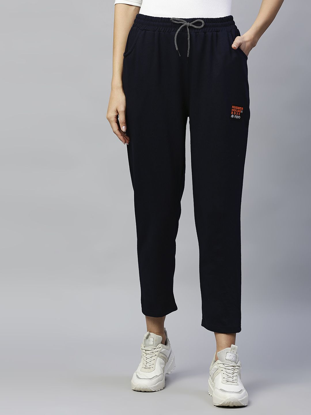 Hubberholme Women Navy Blue Slim Fit Solid Cropped Track Pants Price in India