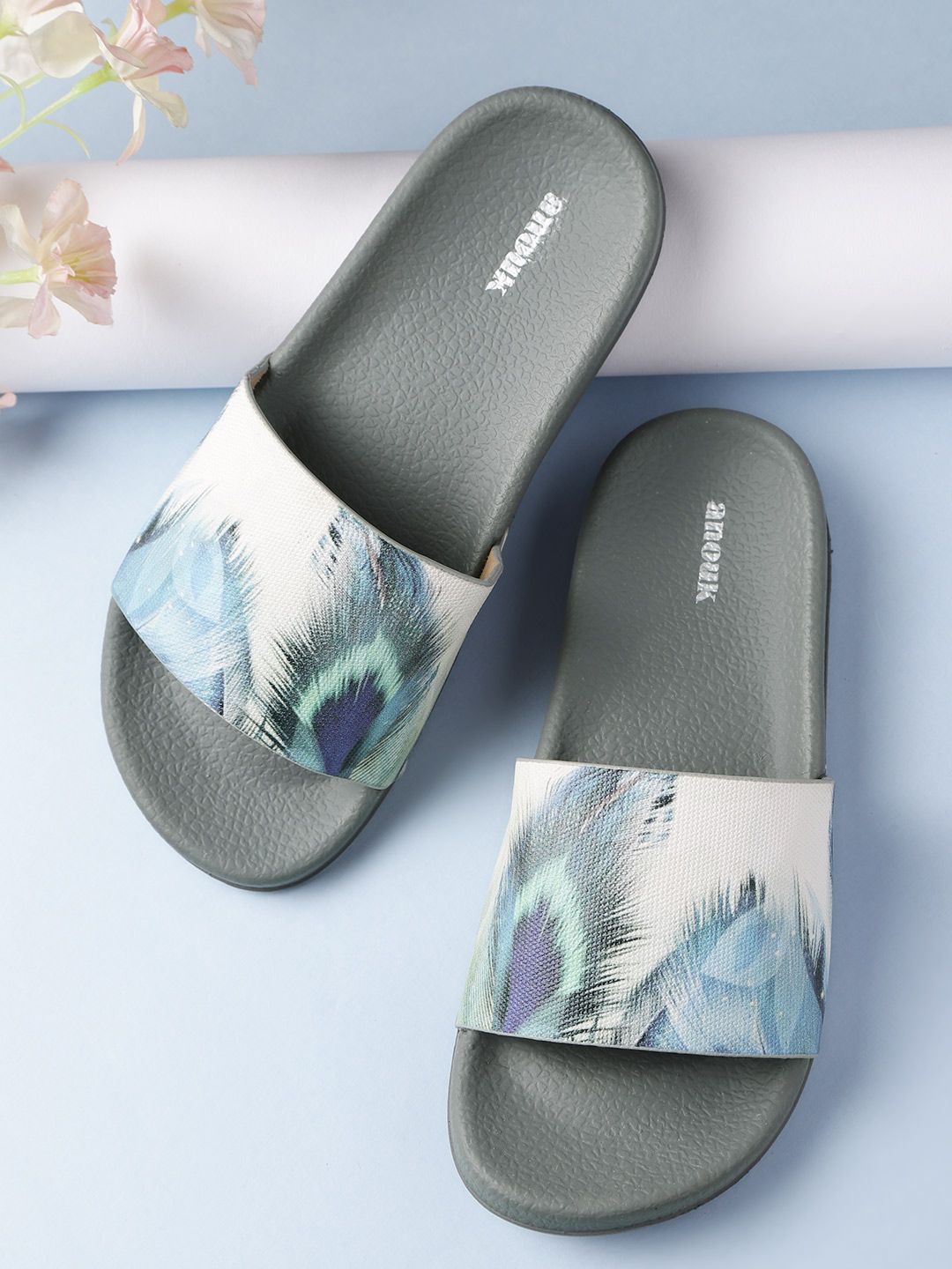 Anouk Women White & Navy Blue Peacock Feather Print Sliders Price in India