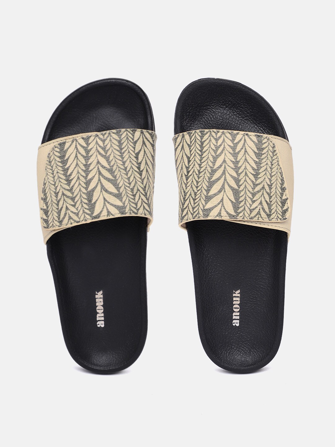Anouk Women Olive Green & Off White Printed Sliders Price in India