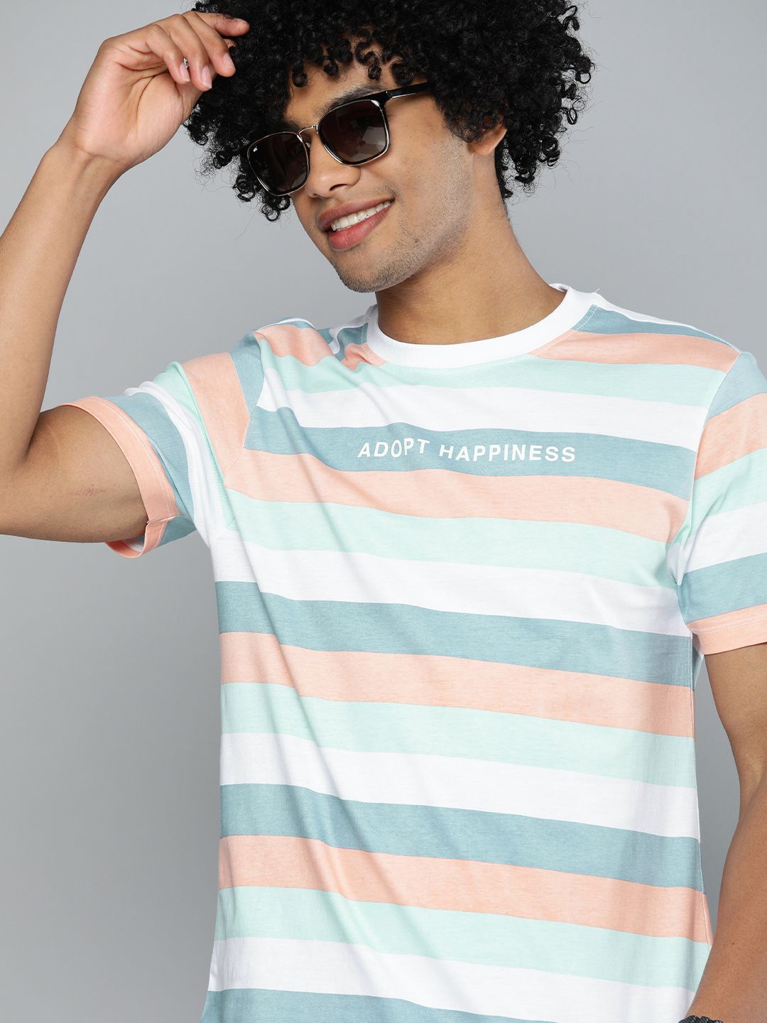 Kook N Keech Men White & Teal Blue Striped Round Neck Pure Cotton T-shirt