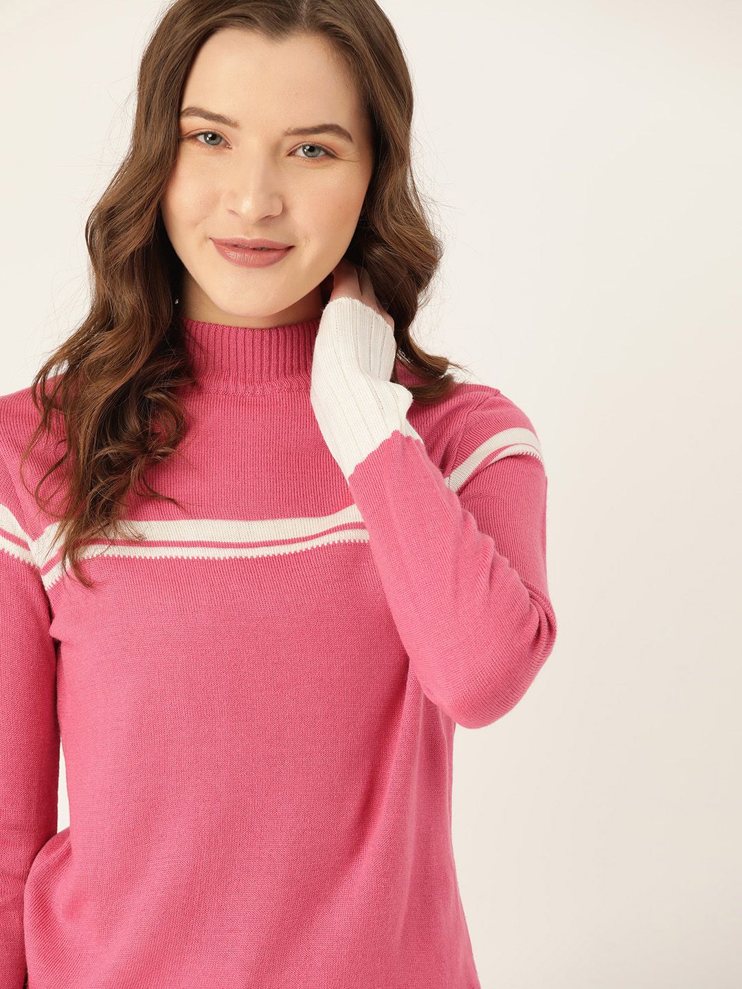 DressBerry Women Pink & White Striped Pullover Sweater Price in India