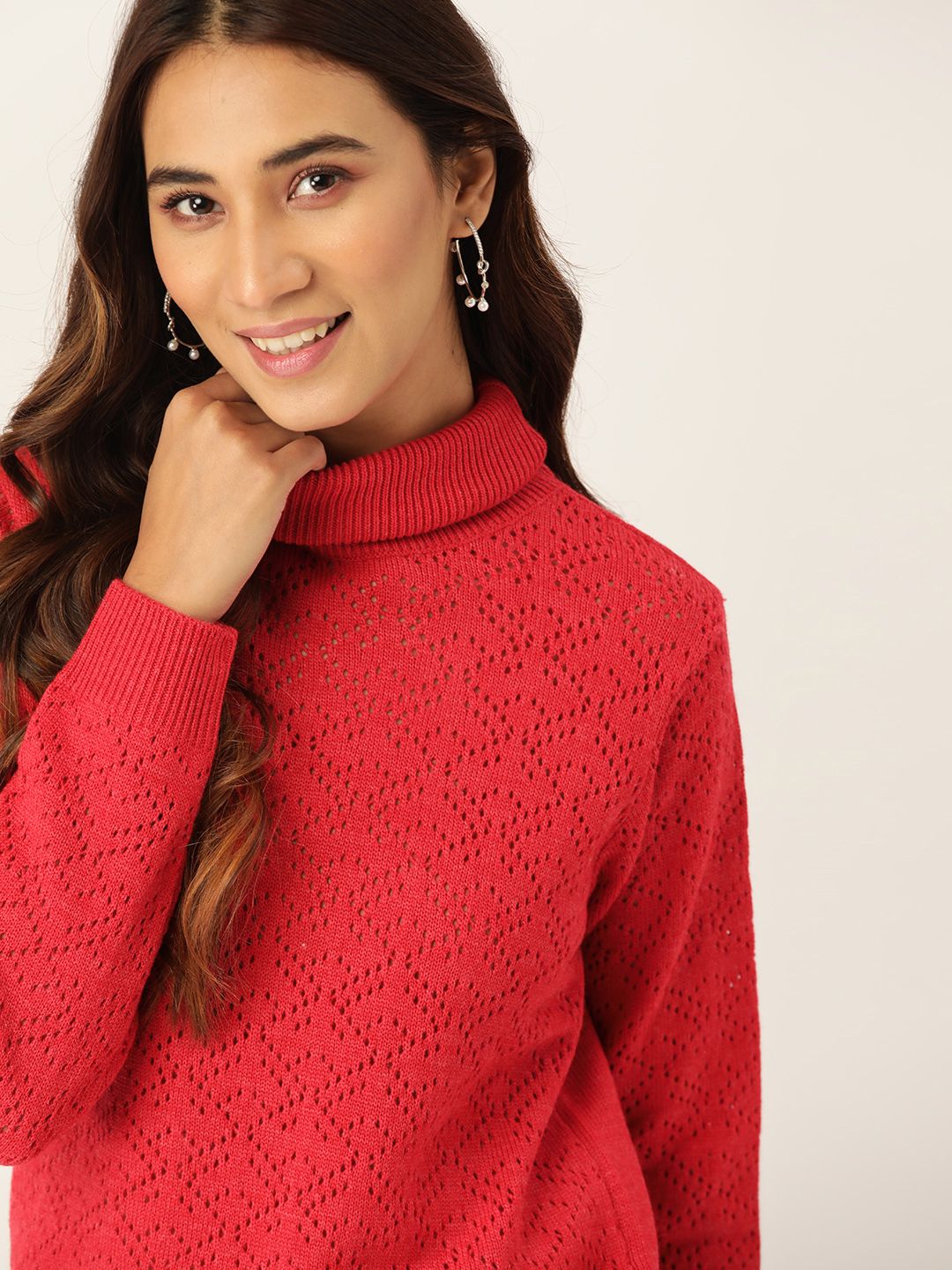 DressBerry Women Red Open Knit Pullover Sweater Price in India