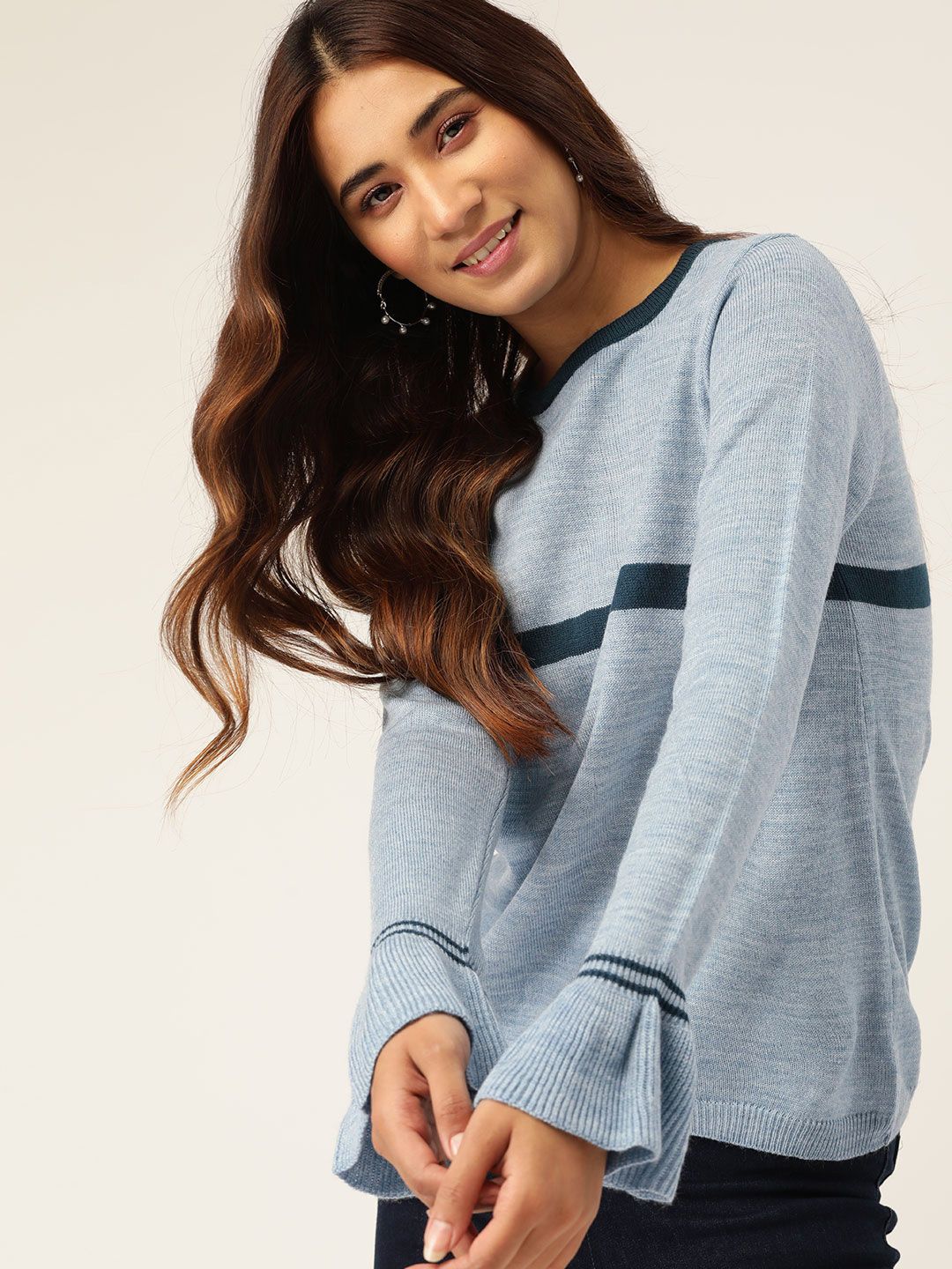 DressBerry Women Blue Stripe Detail Bell Sleeved Pullover Price in India