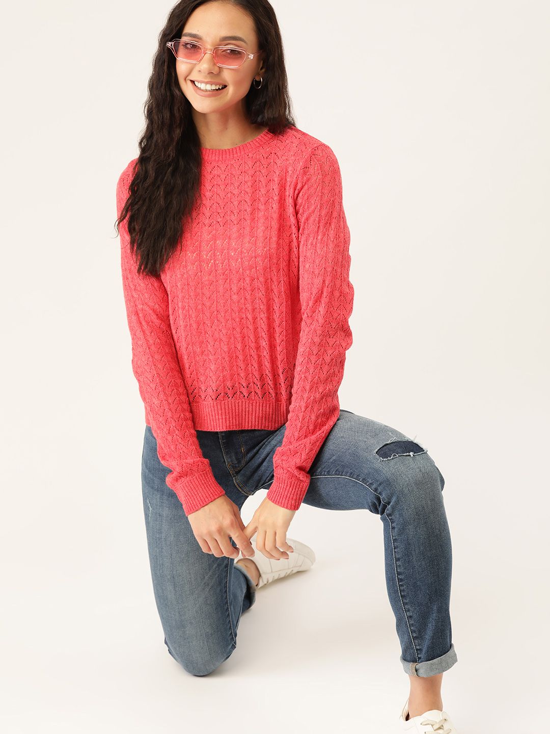 DressBerry Women Coral Red Open Knit Pullover Sweater Price in India