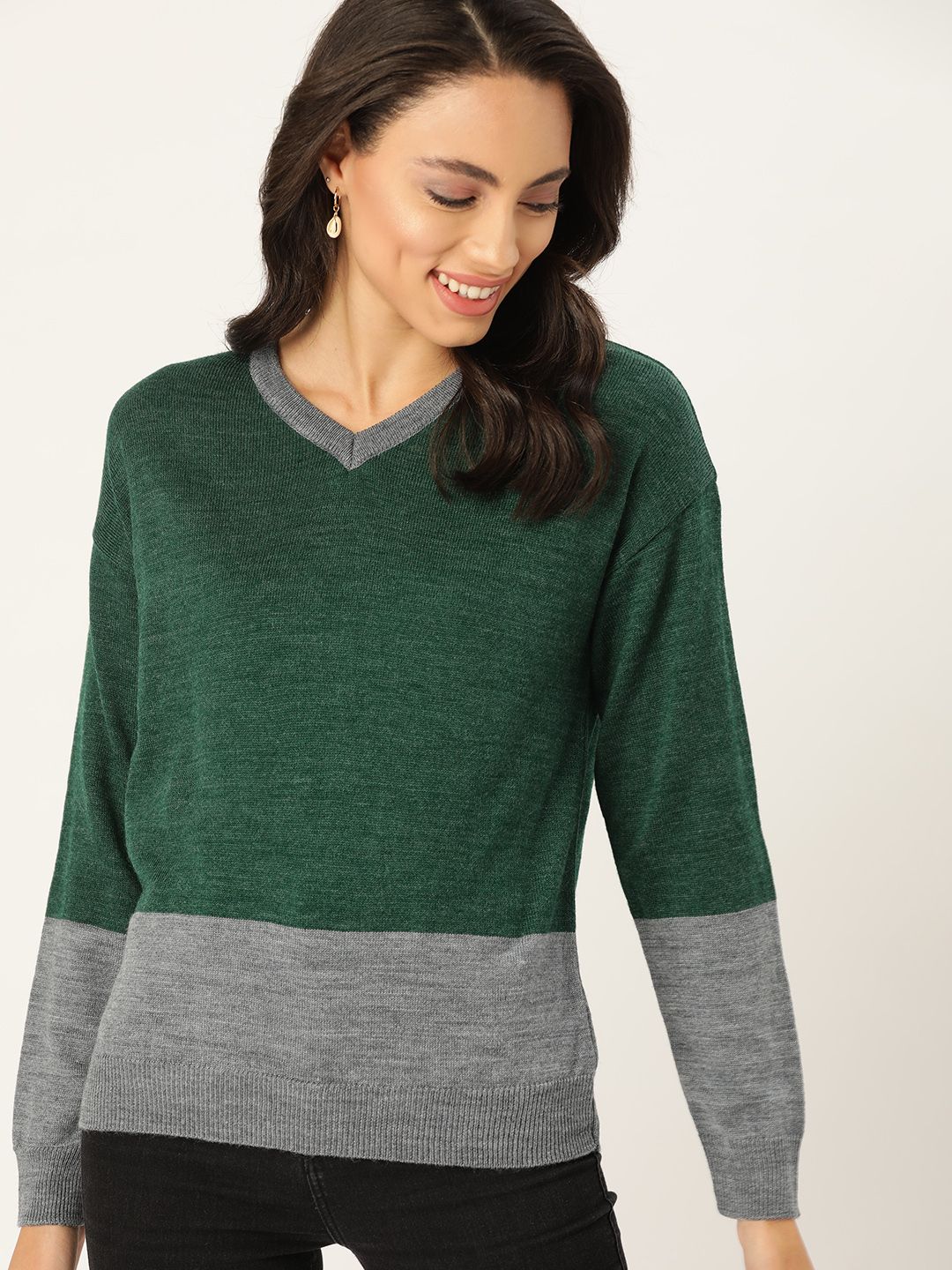 DressBerry Women Green & Grey Melange Colourblocked Acrylic Pullover Sweater Price in India