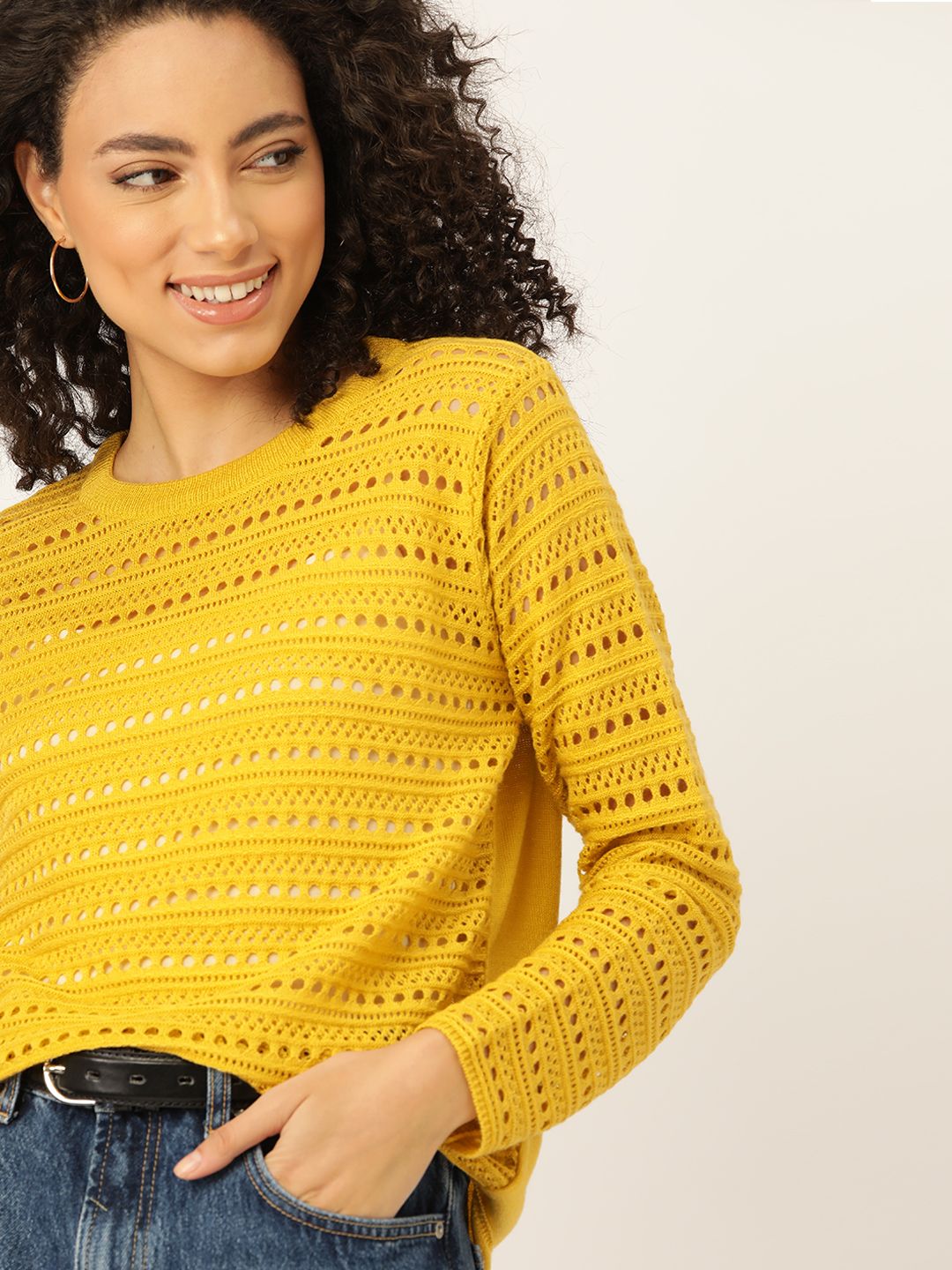 DressBerry Women Acrylic Mustard Yellow Open Knit Pullover Price in India