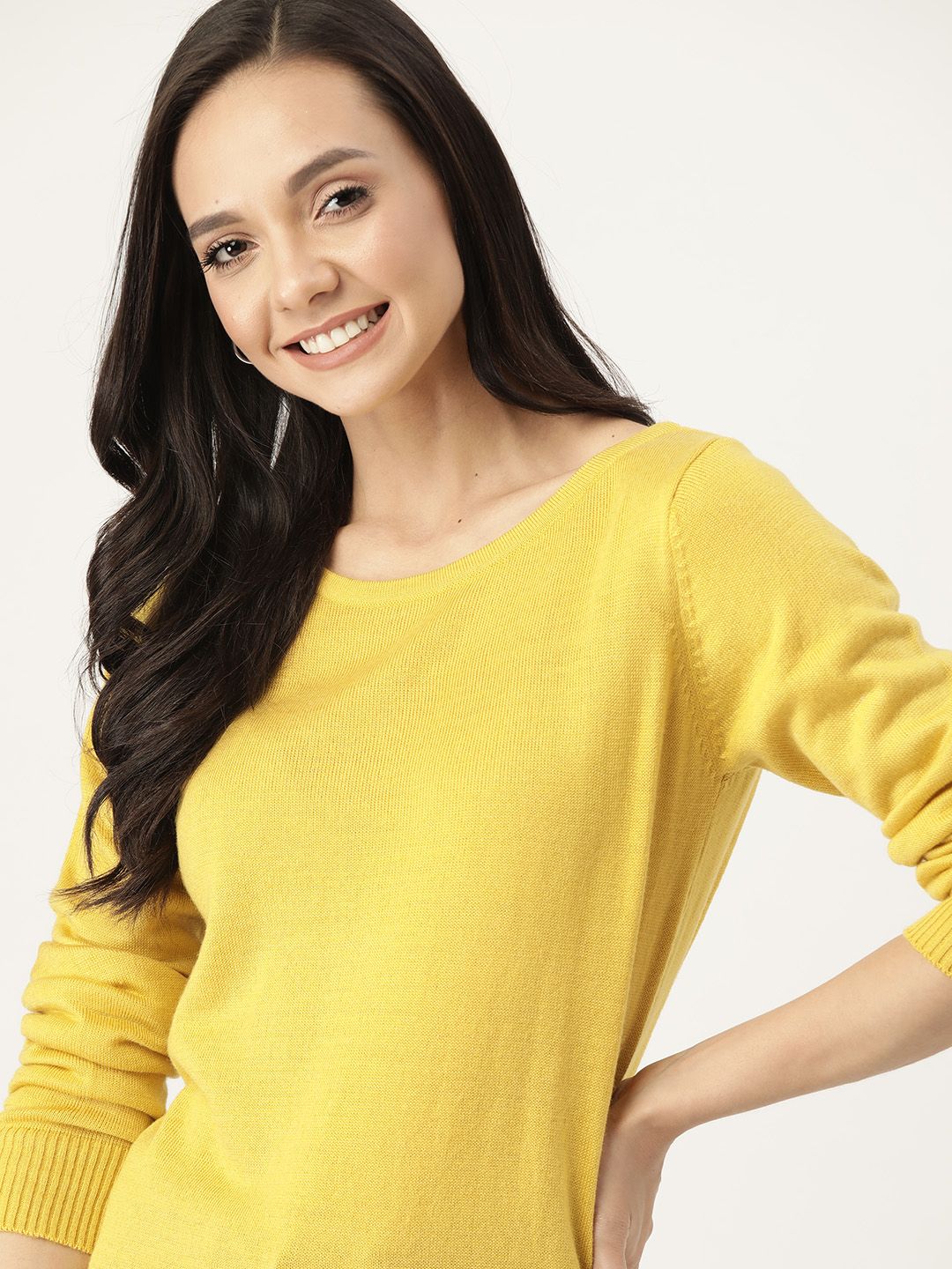 DressBerry Women Mustard Yellow Solid Pullover Sweater Price in India