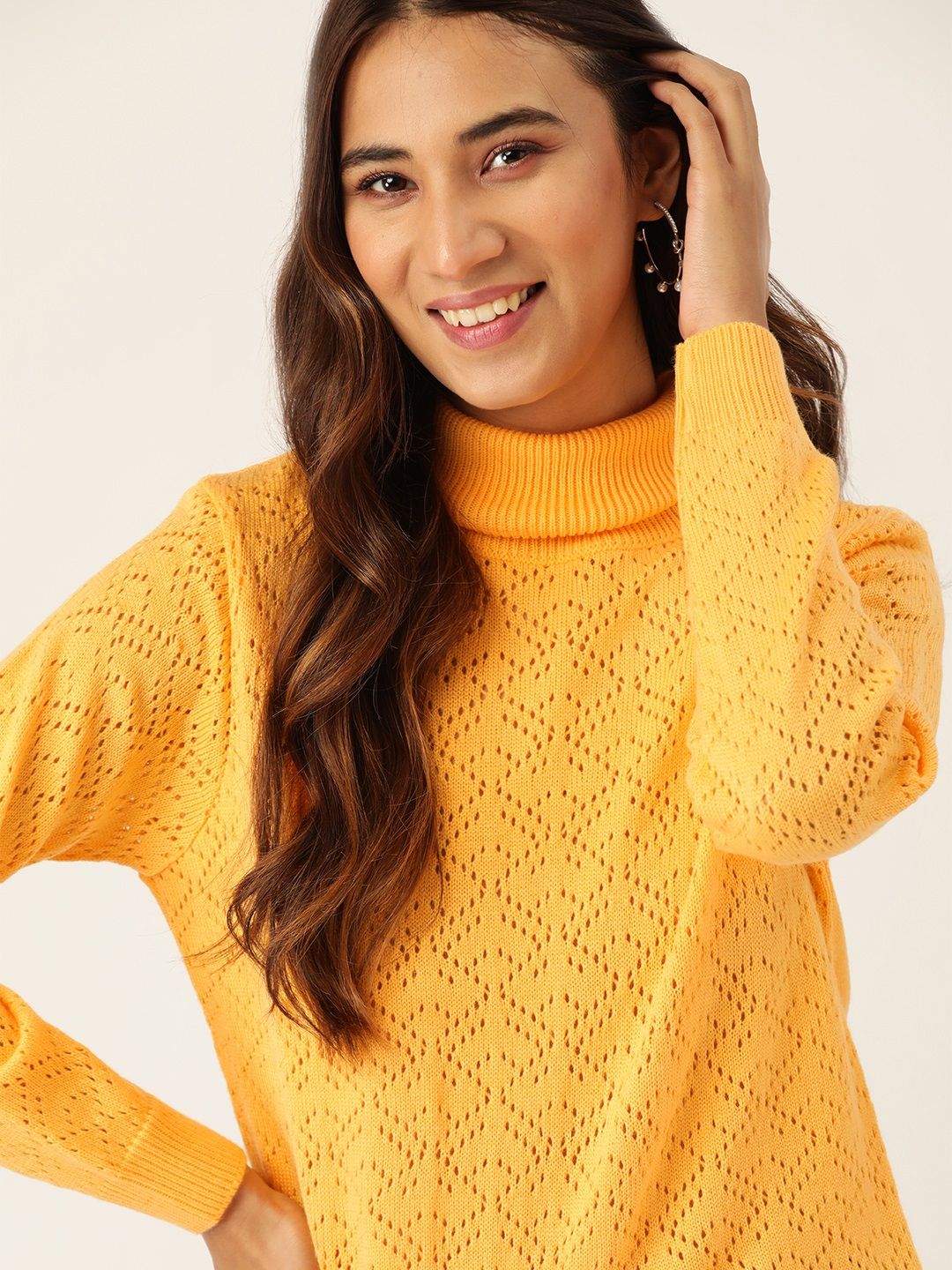 DressBerry Women Yellow Open Knit Pullover Sweater Price in India