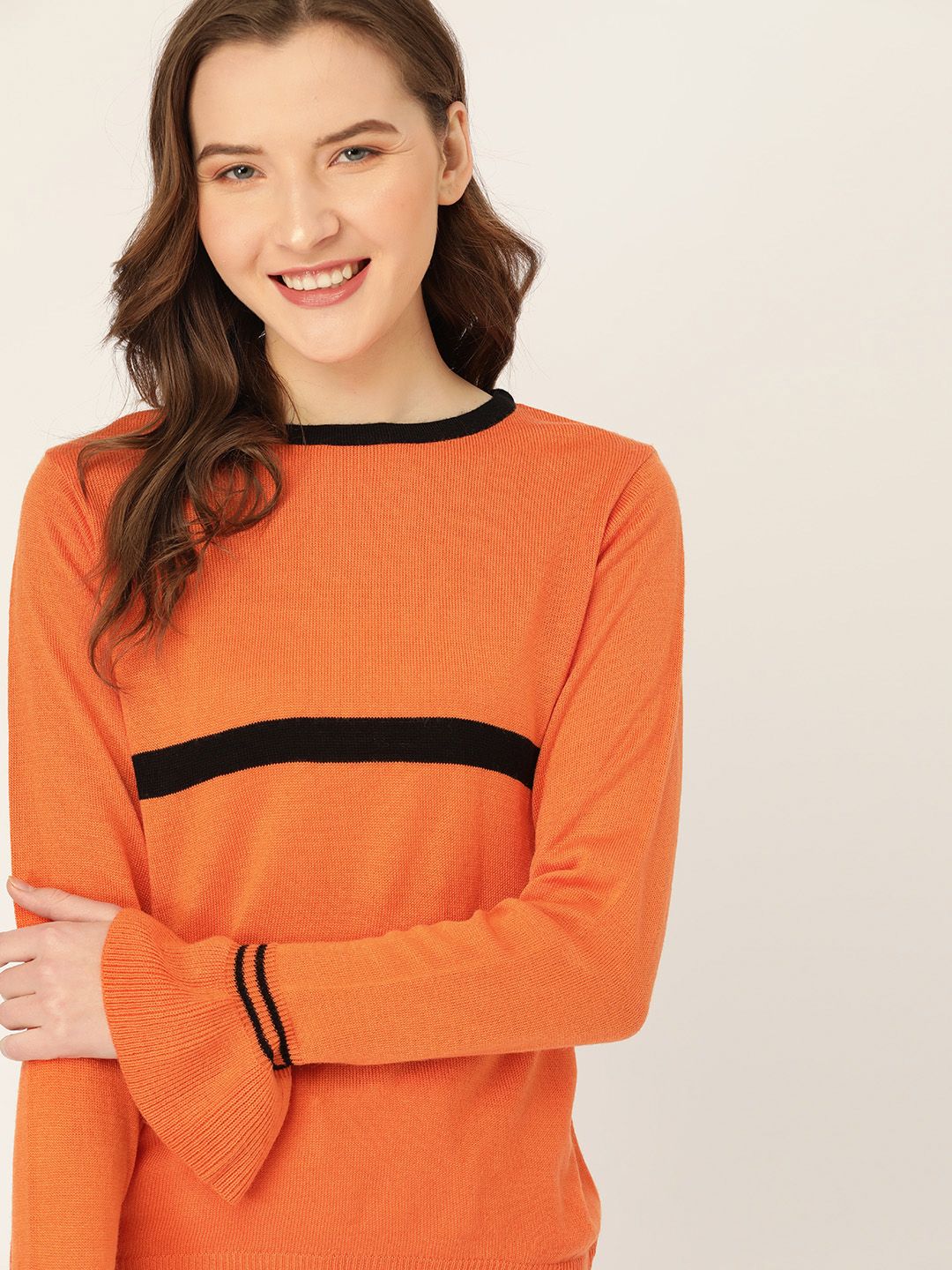 DressBerry Women Orange & Black Stripe Detail Pullover Price in India