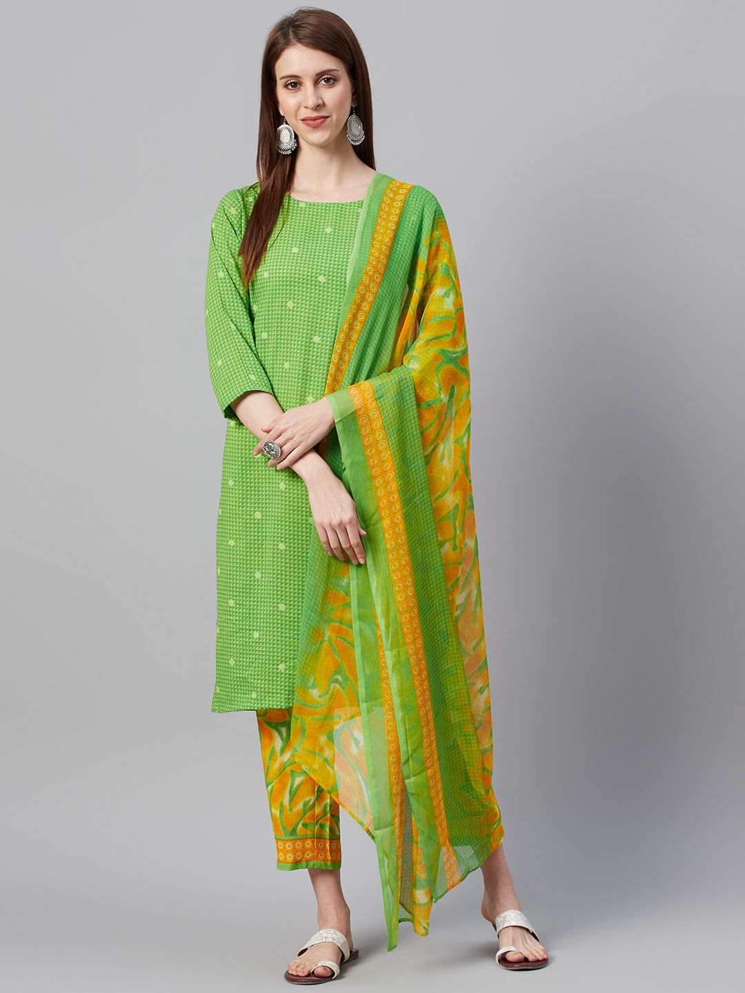 KSUT Green & Yellow Printed Unstitched Dress Material Price in India