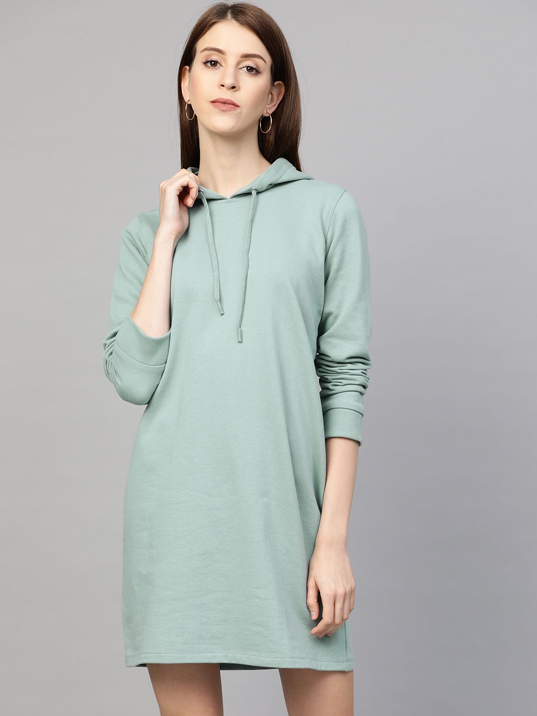 Femella Women Sea Green Solid Hooded T-Shirt Dress