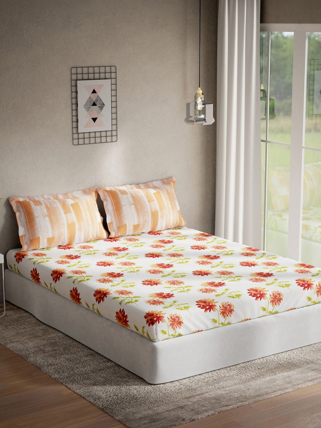 DDecor Off-White & Red Floral 144 TC Cotton 1  King Bedsheet with 2 Pillow Covers Price in India