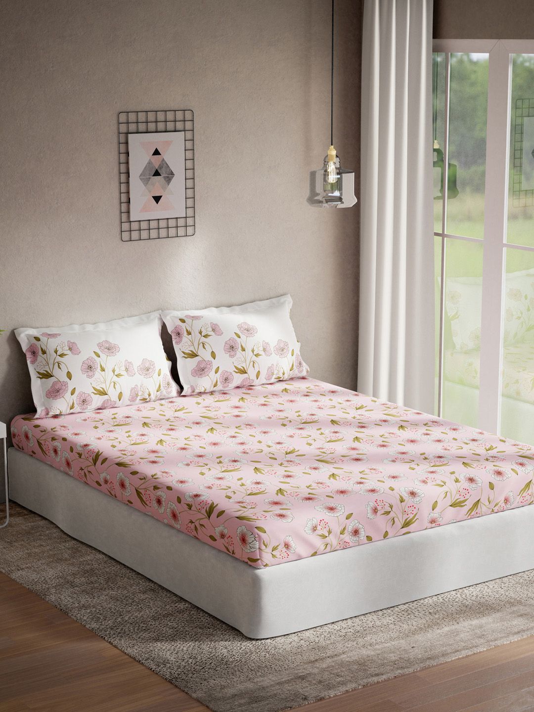 DDecor Pink & White Floral 144 TC Cotton 1 Extra Large Bedsheet with 2 Pillow Covers Price in India