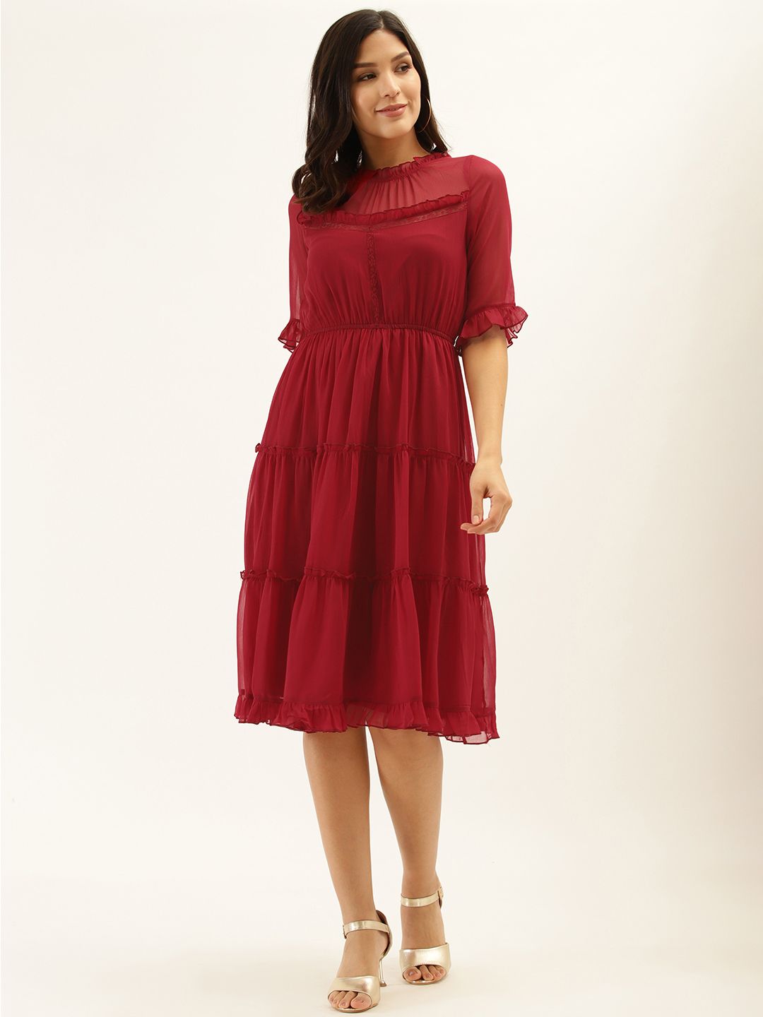 Antheaa Red Tiered Dress With Puff Sleeves Price in India