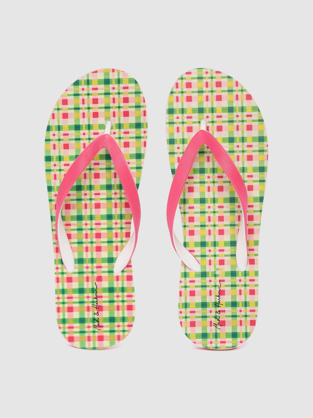 Mast & Harbour Women Pink & Green Checked Thong Flip-Flops Price in India