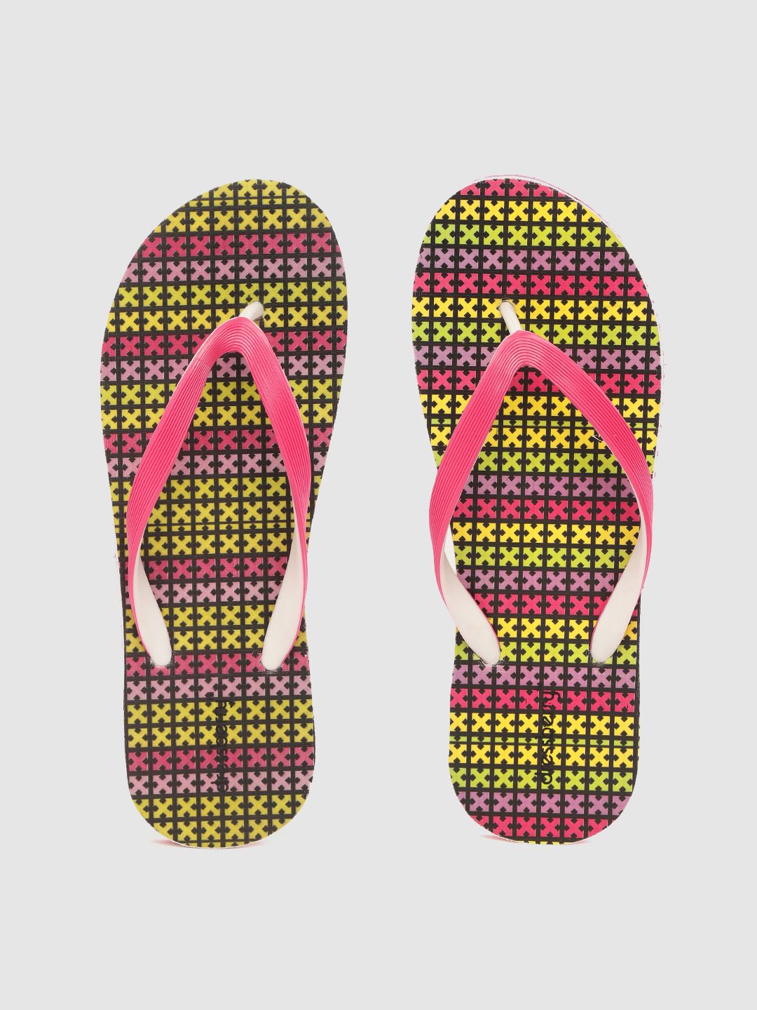 DressBerry Women Pink & Yellow Printed Thong Flip-Flops Price in India