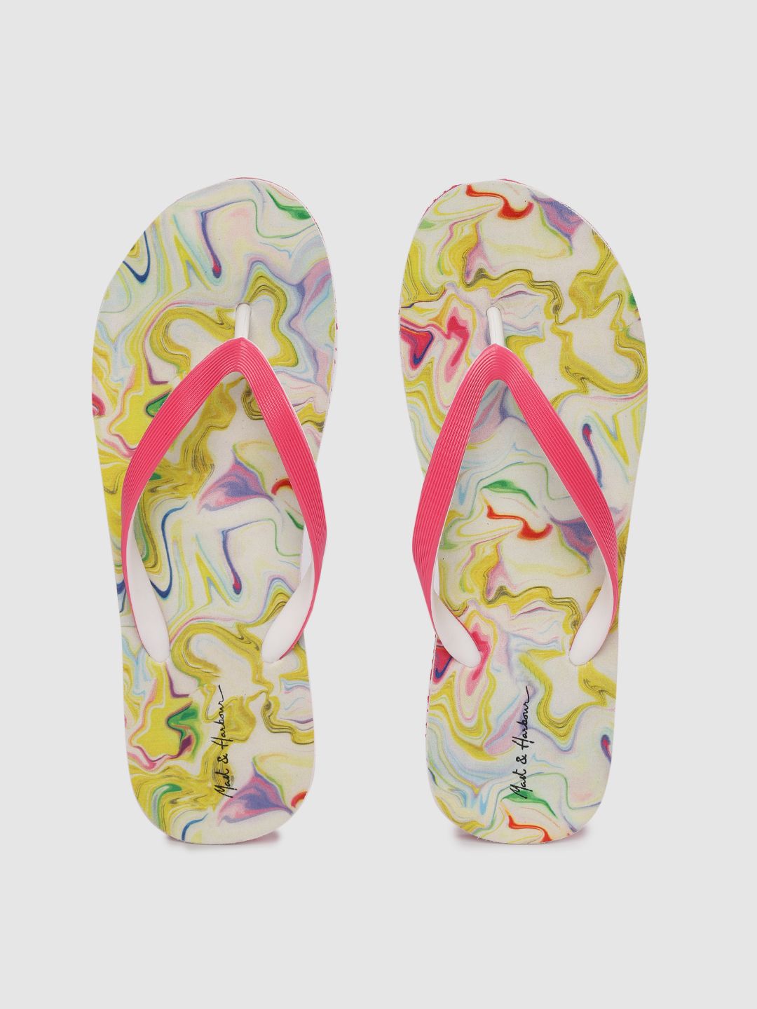 Mast & Harbour Women Pink & Yellow Abstract Print Thong Flip-Flops Price in India