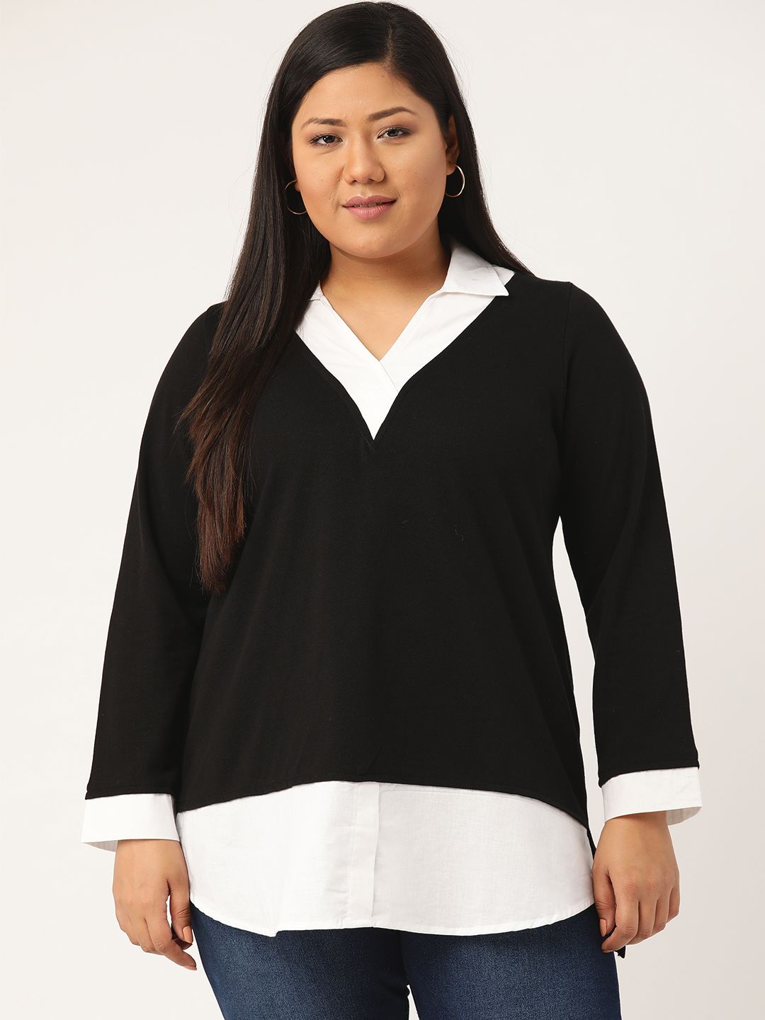 Revolution Plus Size Women Black Pure Cotton Colourblocked Shirt Style Top