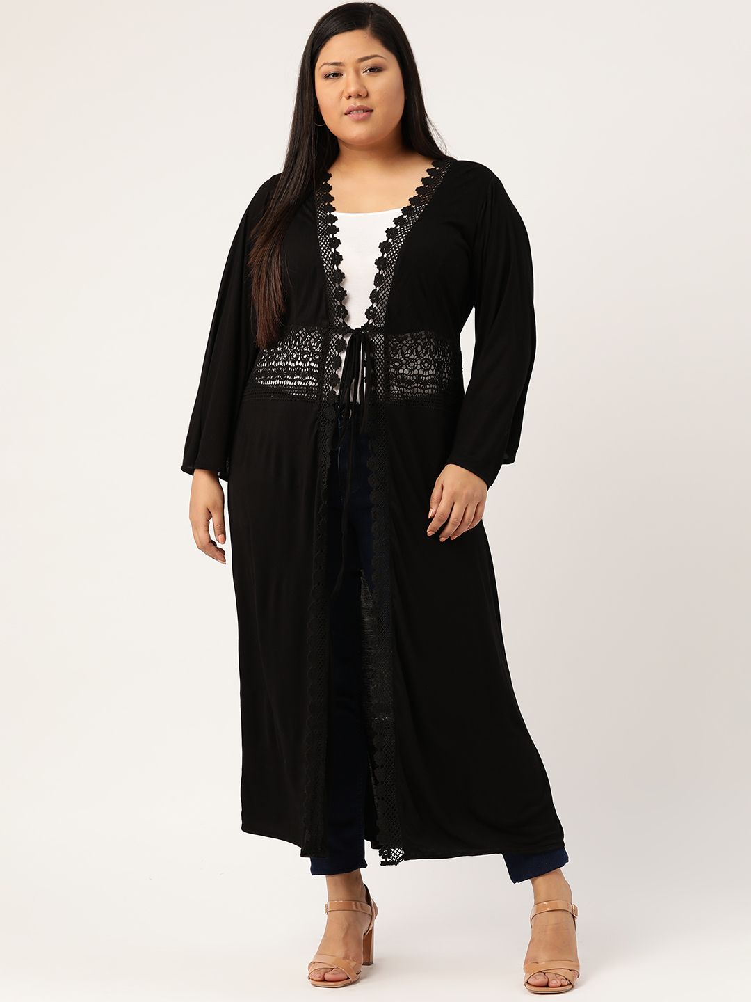 Revolution Women Black Plus Size Solid Longline Tie-Up Shrug with Lace Inserts Detail Price in India