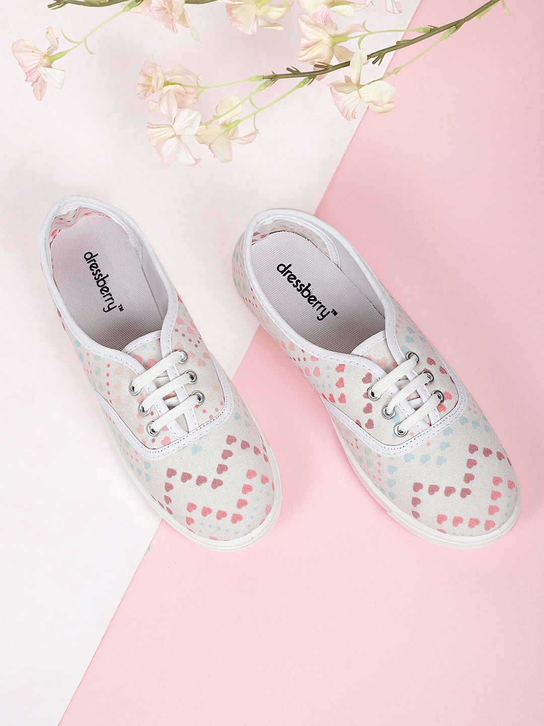DressBerry Women Off-White & Rust Brown Heart Print Sneakers Price in India