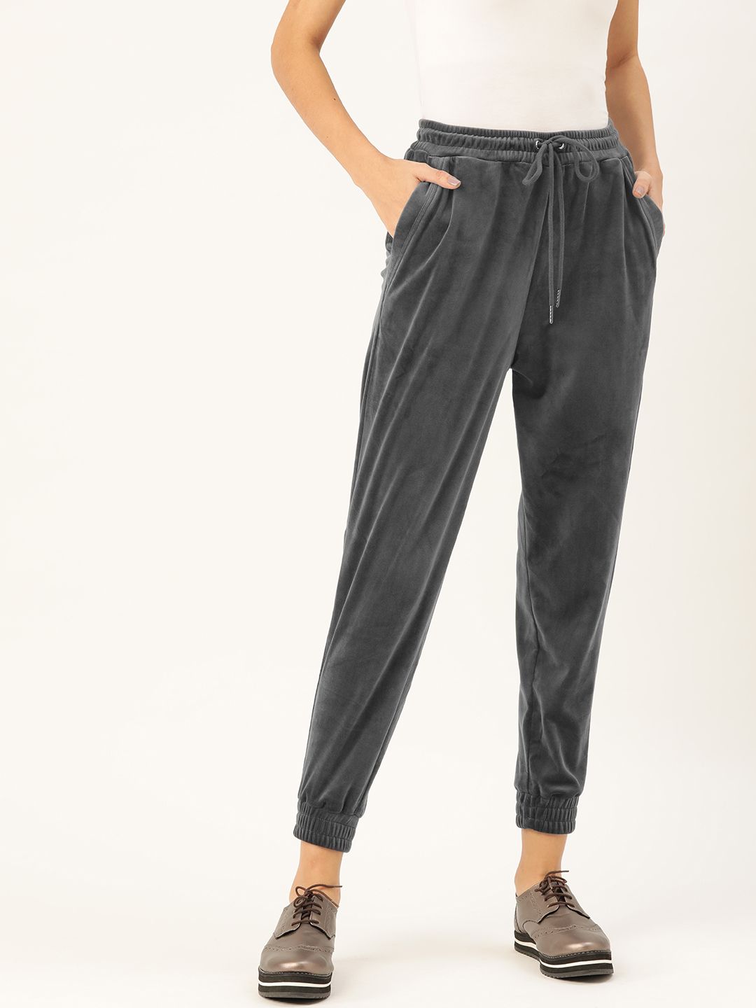 COVER STORY Women Grey Skinny Fit Solid Velvet Finish Joggers