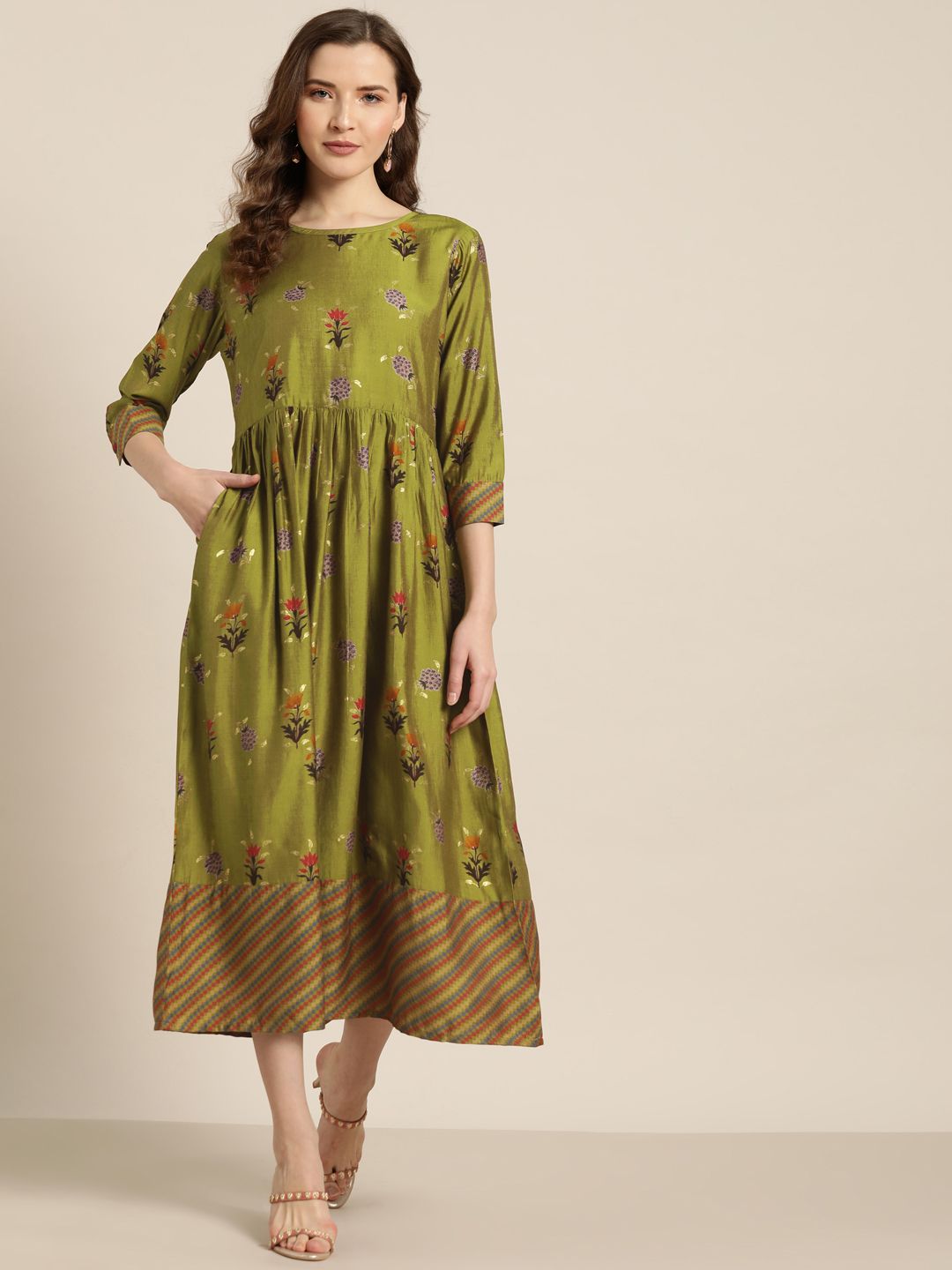 Sangria Women Green & Orange Ethnic Floral Motif Print A-Line Dress Price in India