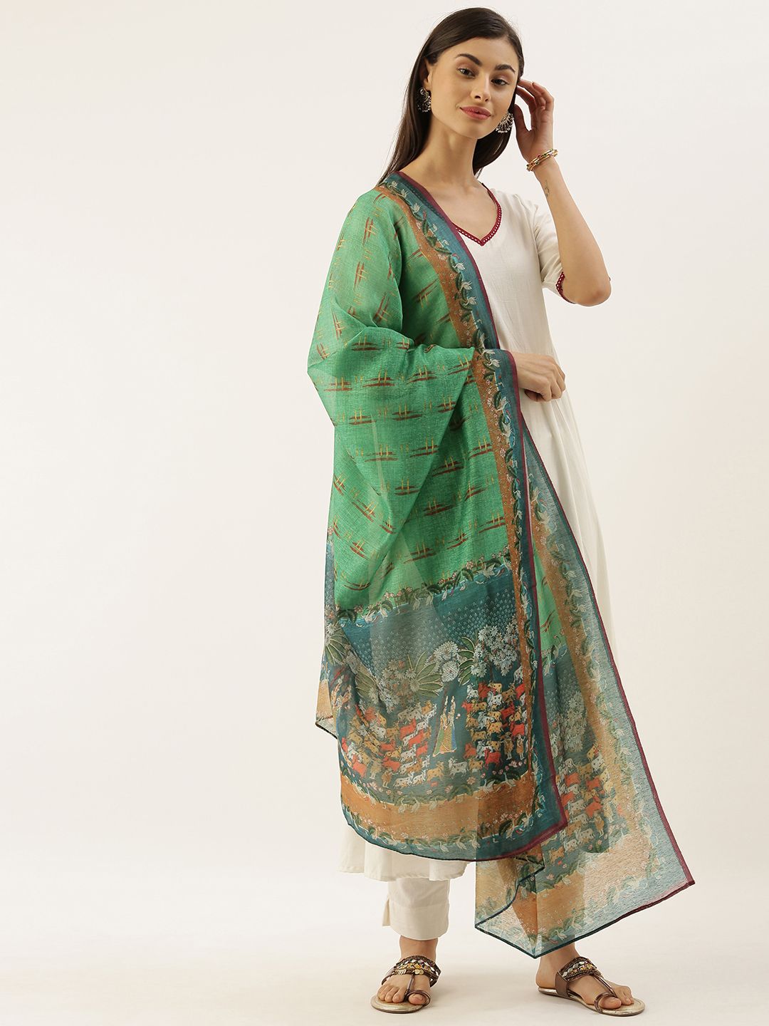 aamna Green & Blue Kalamkari Printed Dupatta Price in India