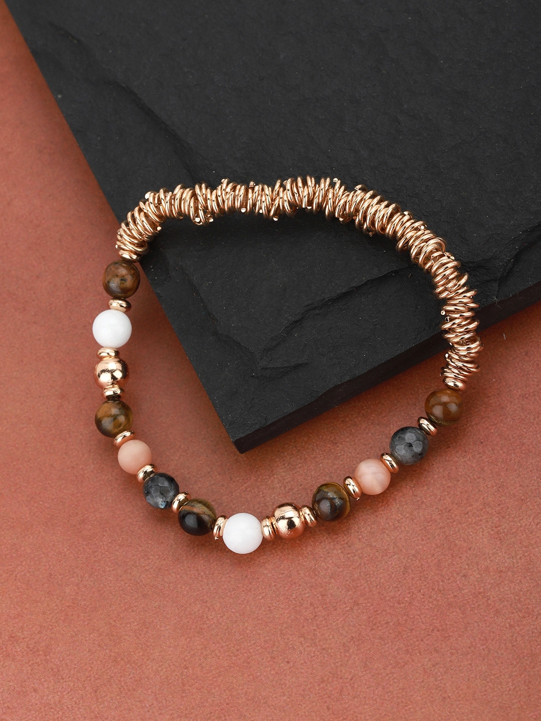 Carlton London Gold-Toned & Charcoal Grey Beaded Elasticated Bracelet Price in India