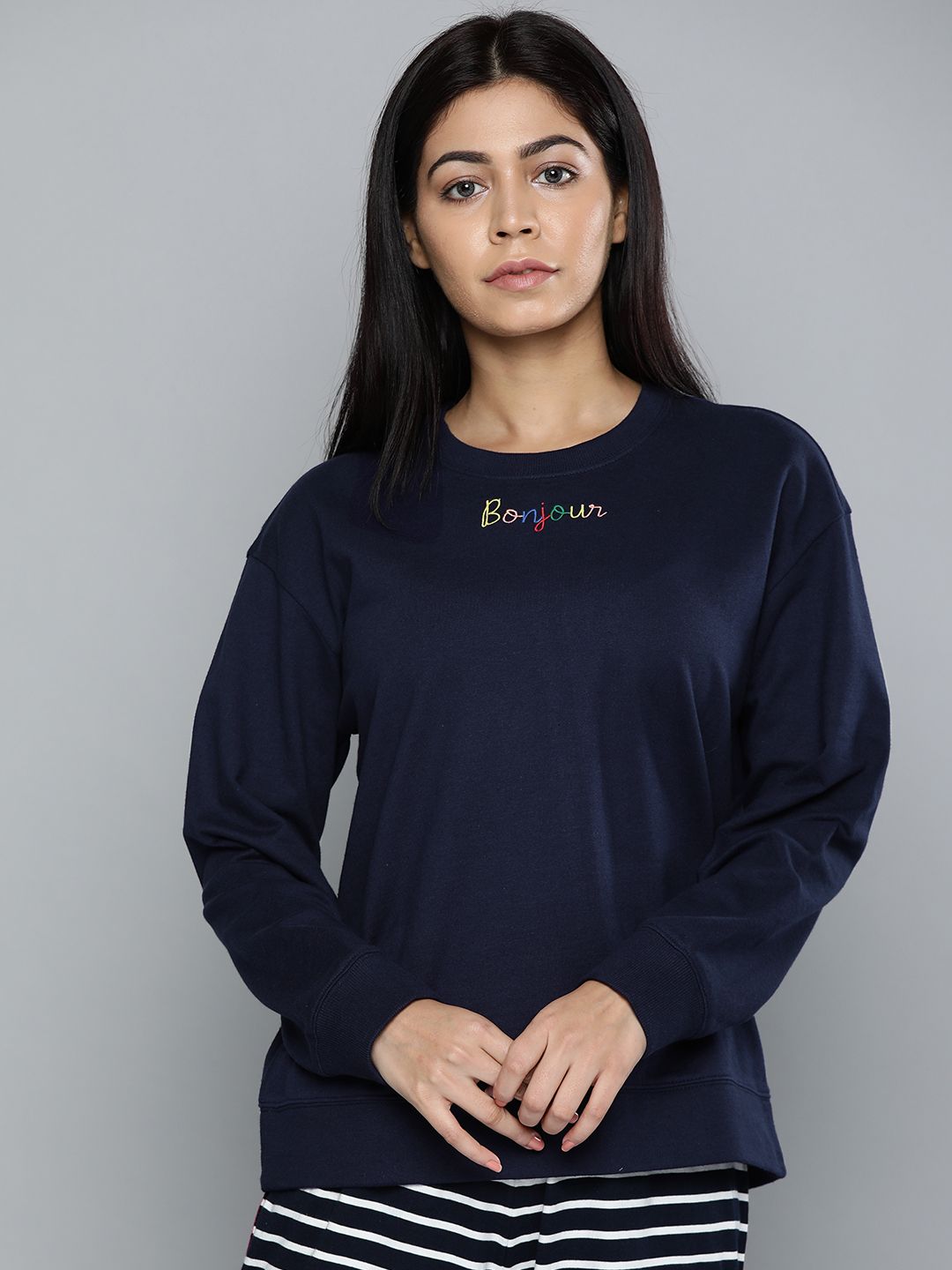 Chemistry Women Navy Blue Solid Round Neck Lounge Sweatshirt with Embroidery Price in India
